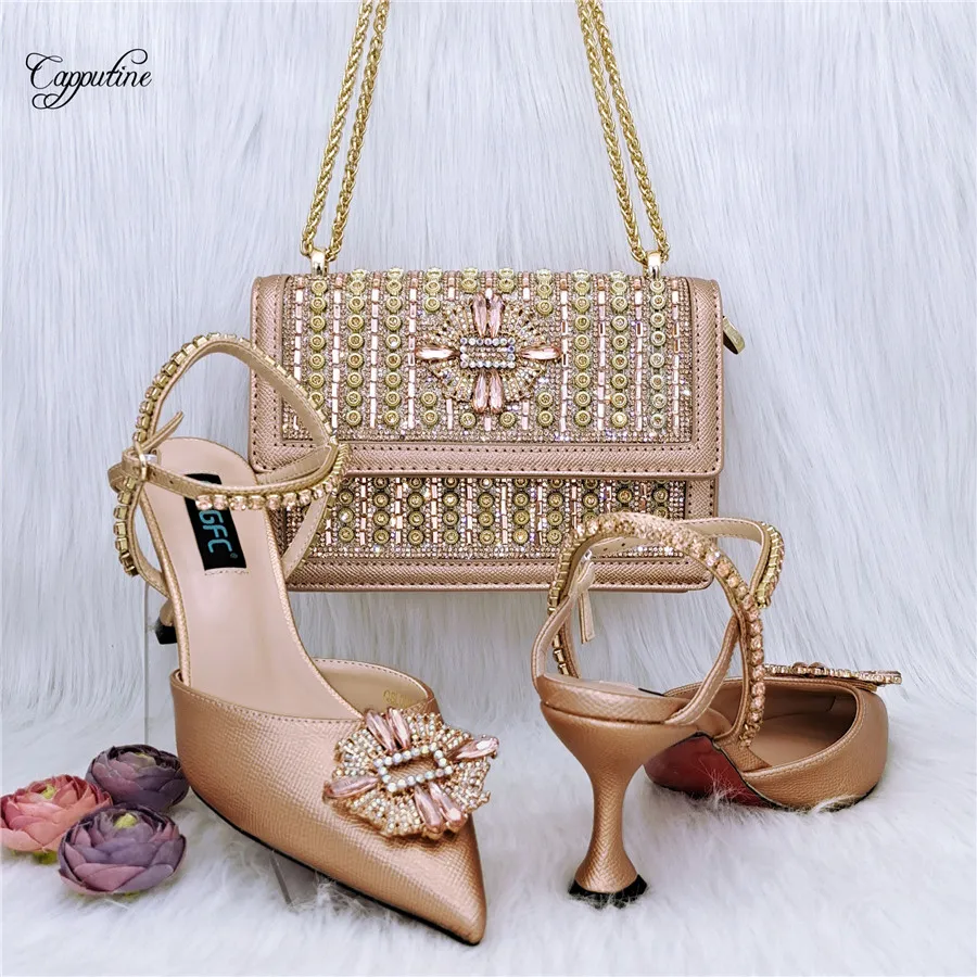 Gold Women Shoes And Bag Set African Ladies Pumps Match With Handbag High Heels Sandals Purse Clutch Escarpins Femme QSL069