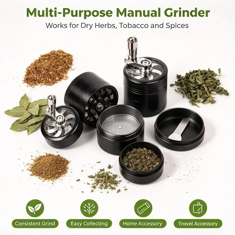 40mm Metal Handle 4-Layer Herb Grinder, Zinc Alloy Hand Crank Spice Crusher for Tobacco Grass, Travel Smoking Accessories