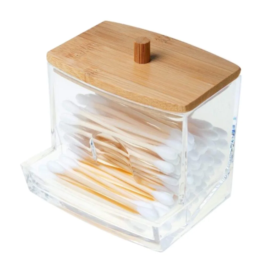 

Cotton Swab Storage Box, Bamboo Lid, Acrylic Portable Circular Container, Makeup Cotton Puff Storage Box