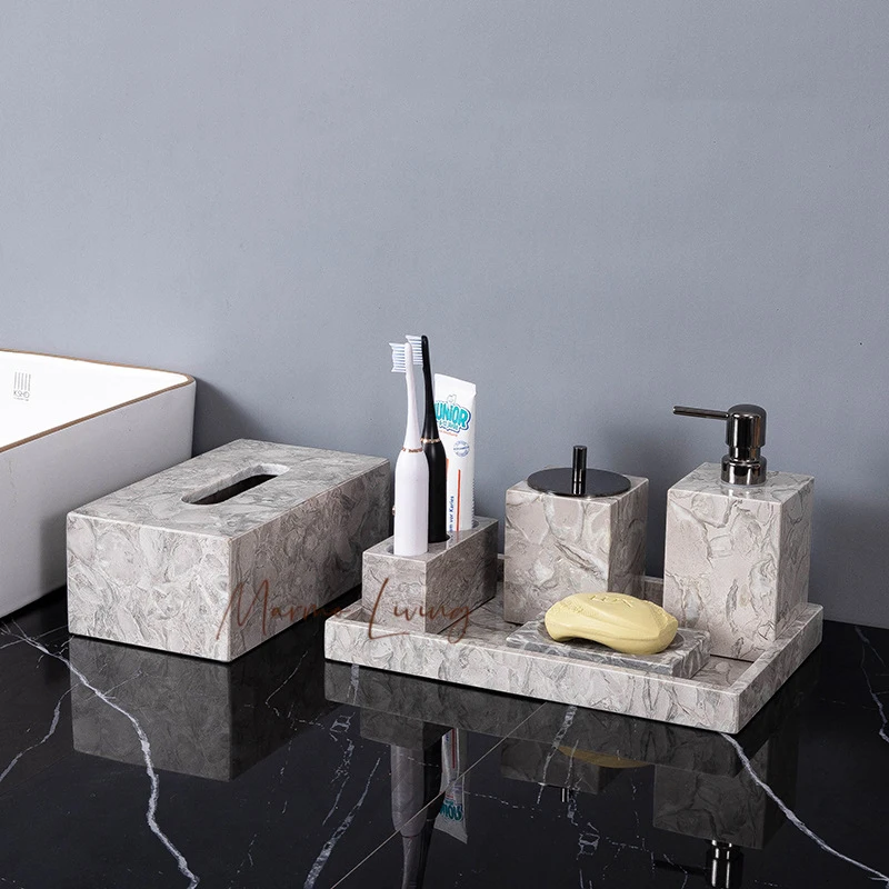 

Bathroom Accessories Sets Elegant Natural Marble Liquid Soap Dispenser Toothbrush Holder Cup Soap Dish Cotton Swab Can