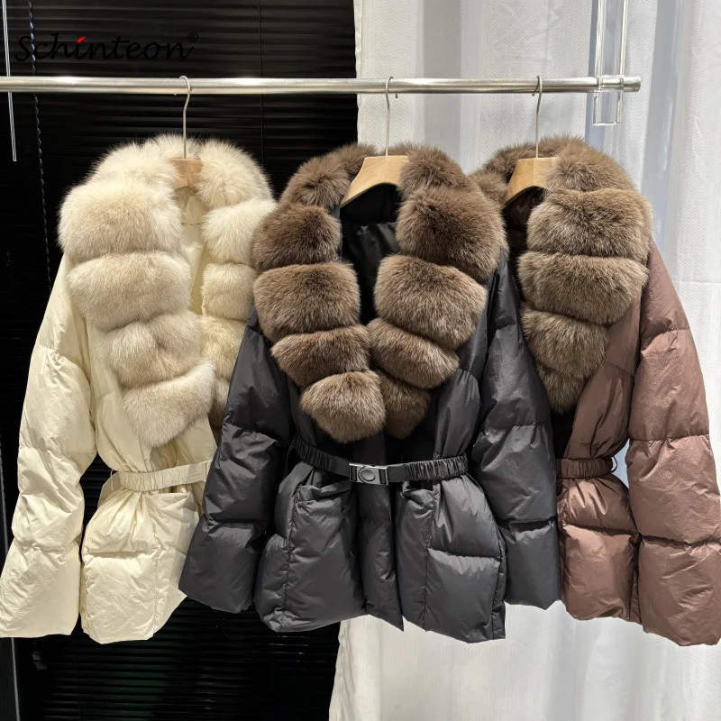 Schinteon Women 100% Real Big Fox Fur Collar White Duck Down Jacket Autumn Winter Warm Thick Outwear V-neck Loose Puffer Coat