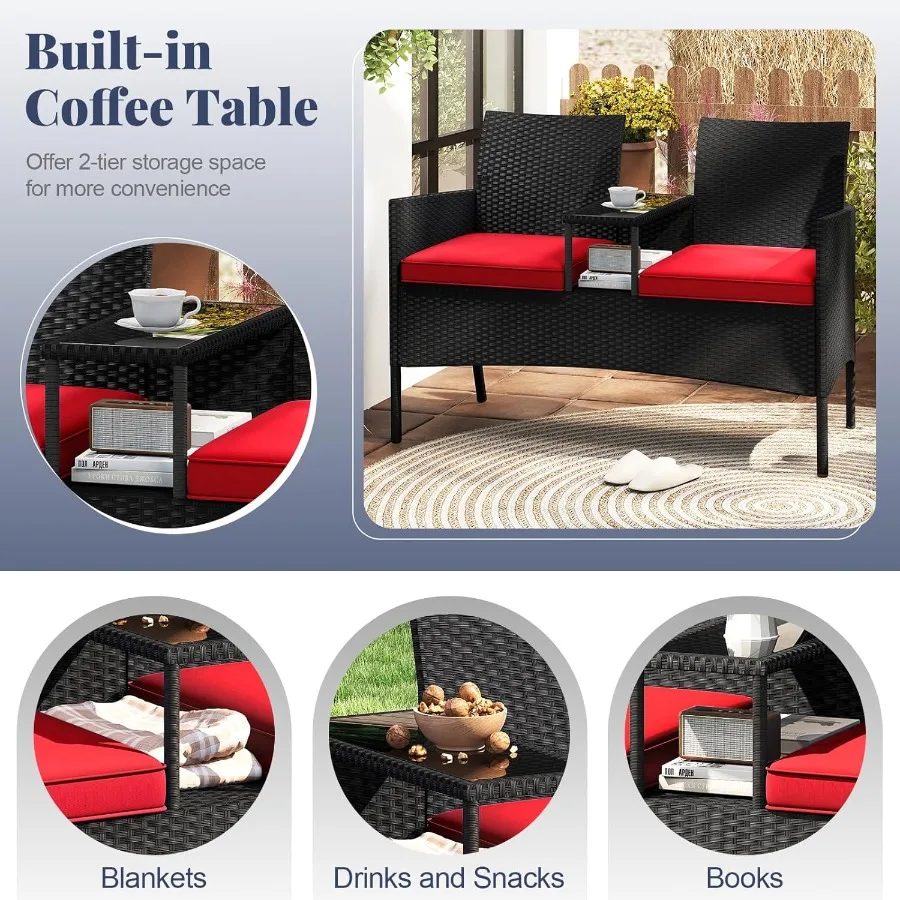 Tangkula Patio Loveseat met ingebouwde tafel Rieten 2-zitsmeubilair met zachte kussens Gehard glazen tafelblad Metalen frame Outdoo