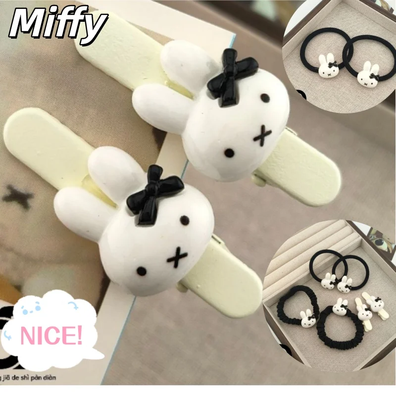 Élastique à cheveux mignon Miffy Lapin avec nœud, élastique à cheveux noir style dessin animé avec pince bec de canard, bandeau pour filles style Ins pour meilleures amies