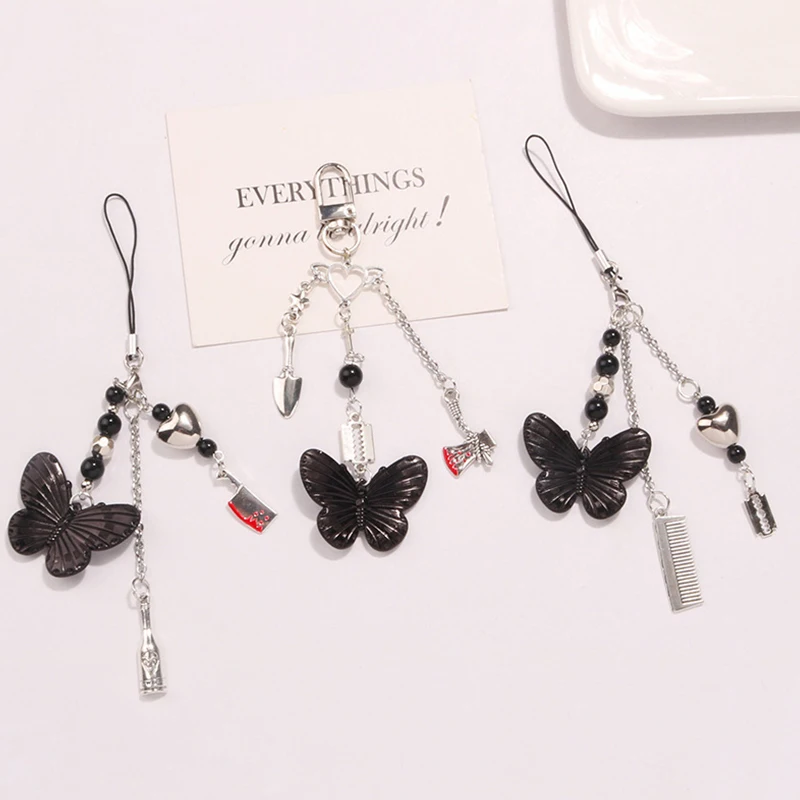 Phone Charm Strap Y2K Keychain Kawaii-Cute Pendant Jewelry Keyring Lanyard String Black Cross-Bow Beaded Chain for Women Girl