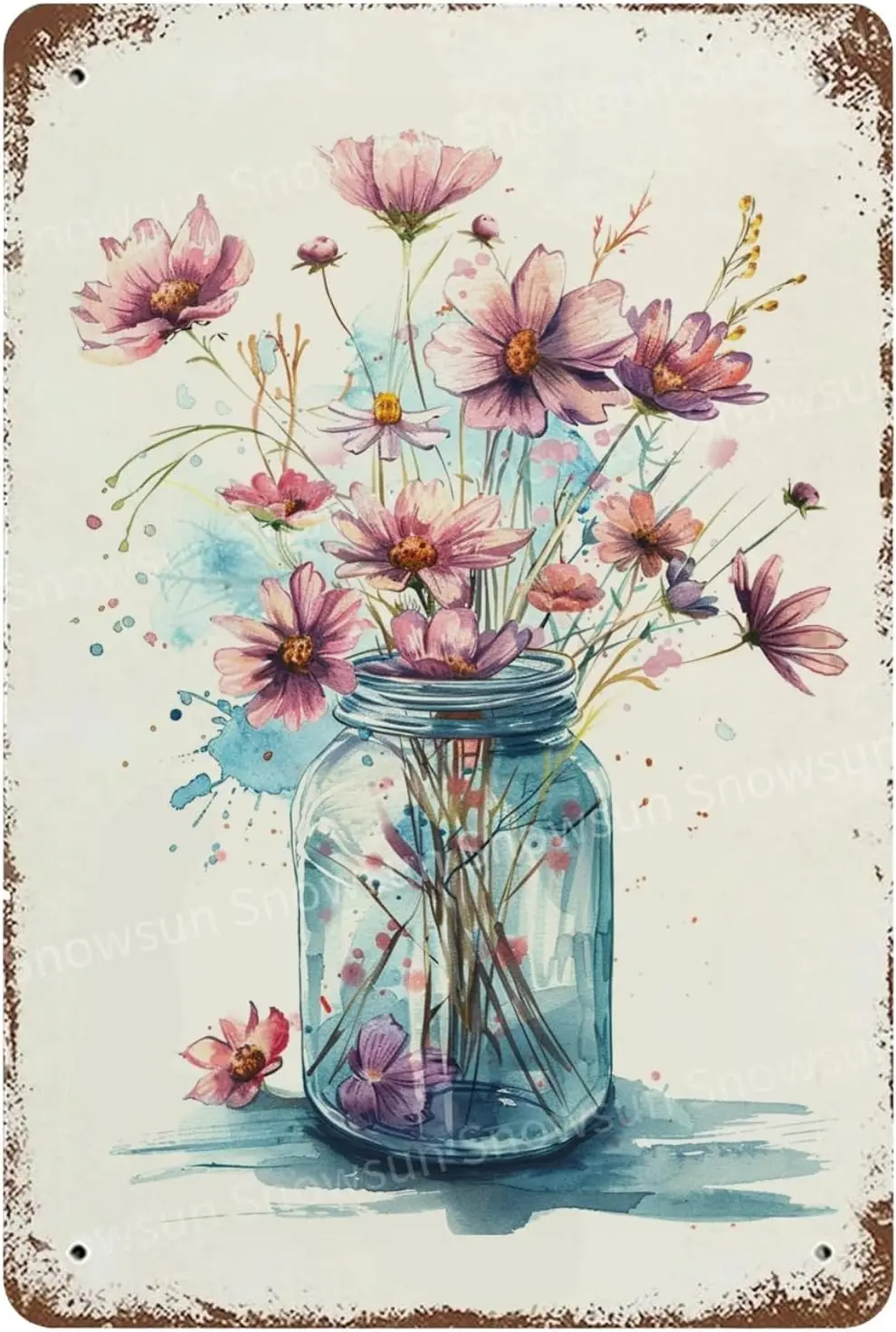 Y1,Snowsun Metal Tin Sign Watercolor Pink Cosmos Flowers Plant Rerto Aluminum Vintage Gift for Home Kitchen Garde