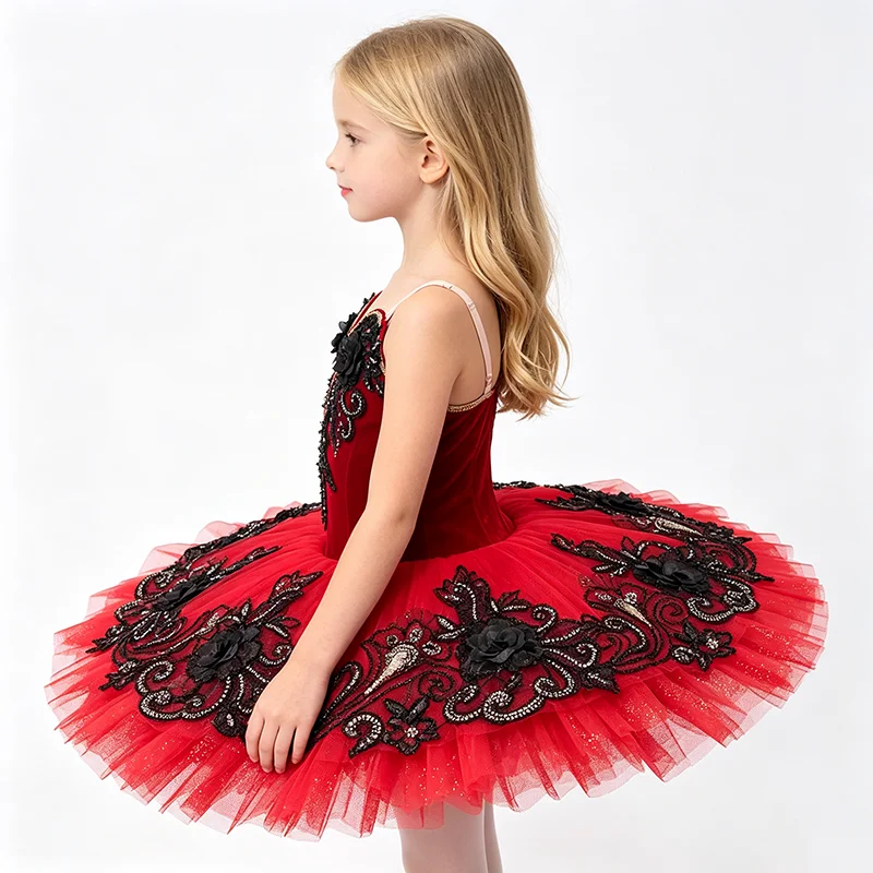 Womens Thin Strap Heart V Neck Ballet Tutu Performance Dress Black Lace 3D Flower Rhinestone Scroll Embroidery Bright Red Glitte
