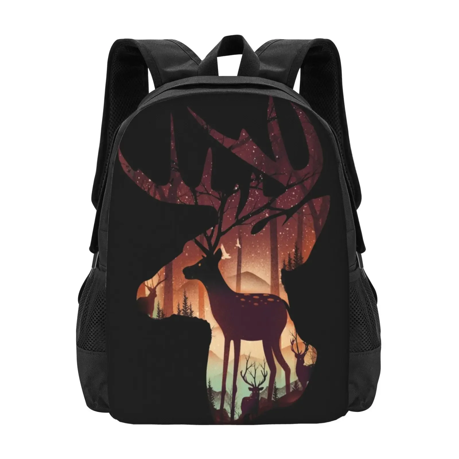 

Mystical Deer Hot Sale Schoolbag Backpack Fashion Bags Stag Mystical Nature Forest Trees Illusion Deers Animals Wood Dreams