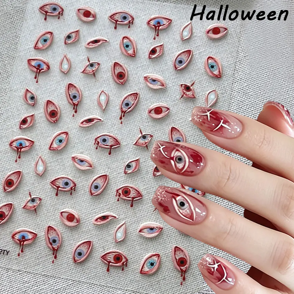 1sheet Halloween Scary Eyes Nail Stickers 3D Horror Bloody Eye Nail Decals  Self-adhesive Gothic Party DIY Nail Decorati #10*8cm
