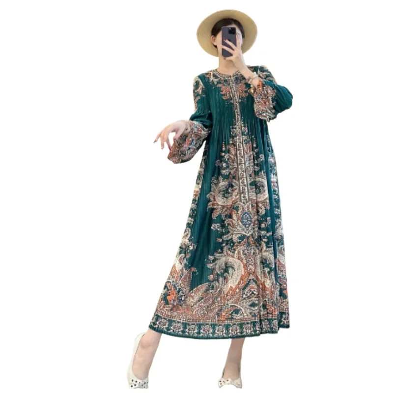 

Miyake Pleated Dress for Women, 2025 New Autumn Style, Retro Print, O-neck Long Sleeves, Loose Large Size Elegant A-line Skirt,