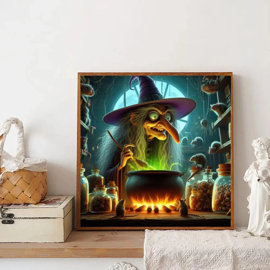 Diy 5d Diamond Painting Cross Stitch New Arrival 2024 Scary Witch Full Mosaic Embroidery Rhinestone Picture Hallowen Gift