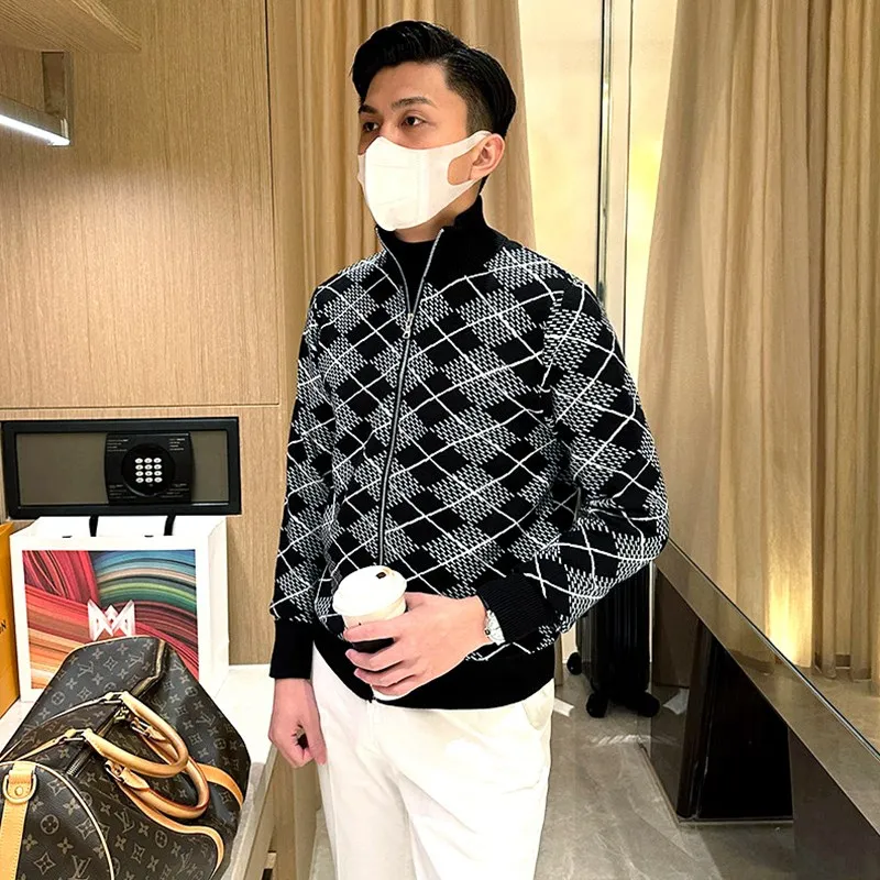 

Мужской вязаный свитер на молнии с высоким воротником, повседневный, люксовый, модный, осенне-зимний, деловой, повседневный трикотажный кардиган