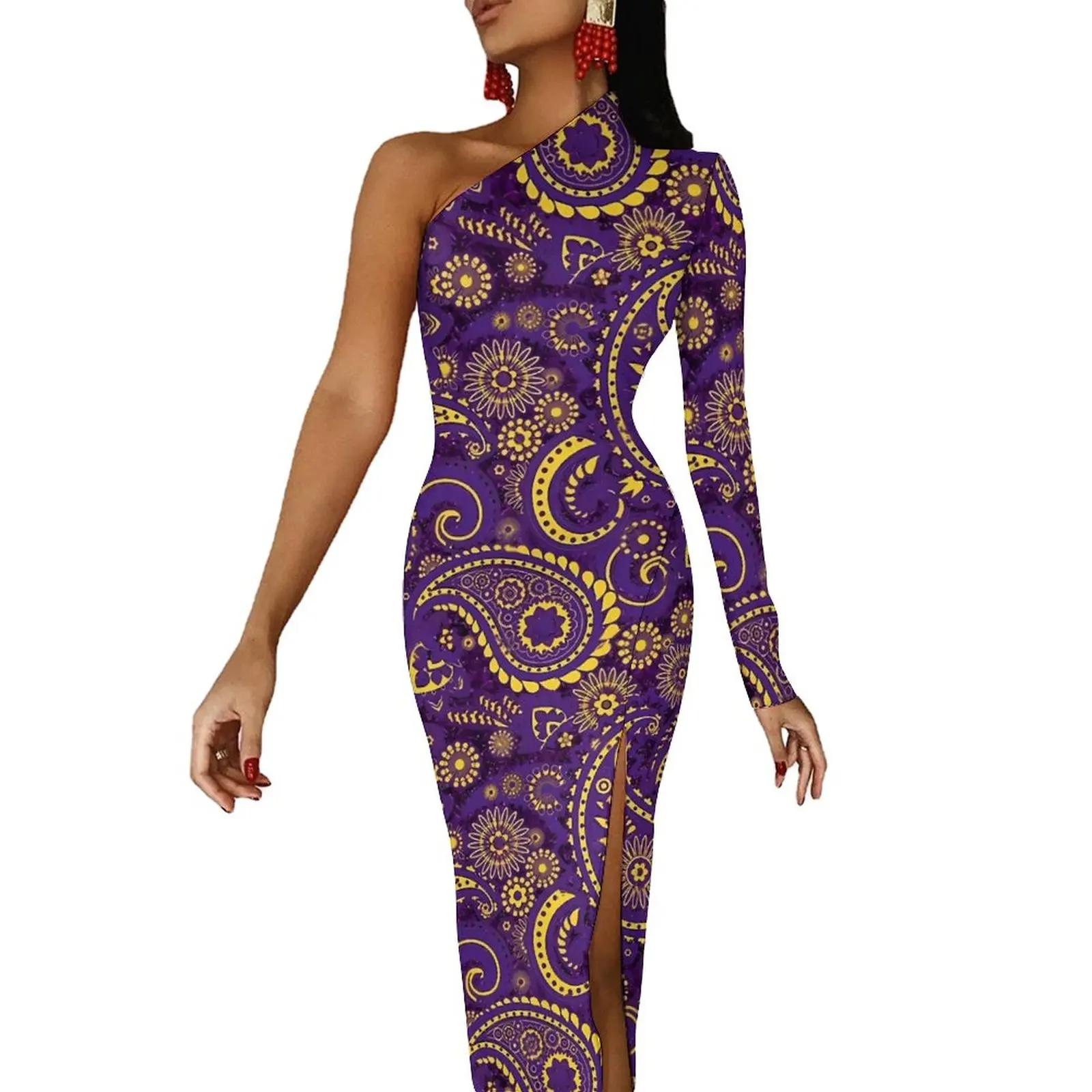 Golden Paisley Bodycon Dress Summer Purple Sparkle Sexy High Slit Long Dresses One Shoulder Design Streetwear Dress