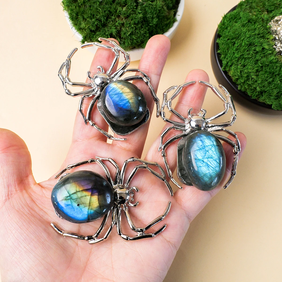1pc Natural Crystal Labradorite Spider Ornament Gray Moonstone Crystal Crafts Home Office Desktop Decorations Holiday Gift
