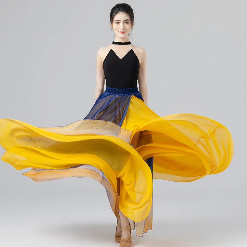 2023 New Double Layer Spanish Flamenco Skirt Chinese National Folk Dancewear Modern Ballroom Practice Clothing for Stage