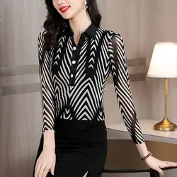 Fashion Printed Gauze Blouse Female Clothing Commute Turn-down Collar Button Spring Summer Office Lady Long Sleeve Slim Shirt