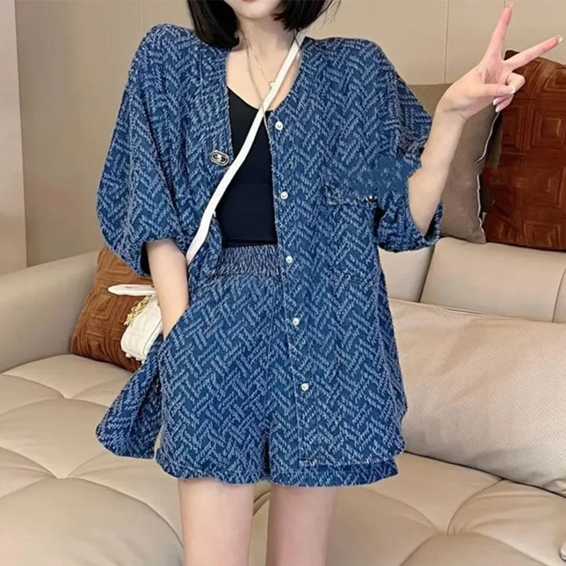 Korean Version of New Summer Casual Denim Top and Shorts Set, Loose and Stylish Two-piece Set Short Sets Baddie 2 Piece Set