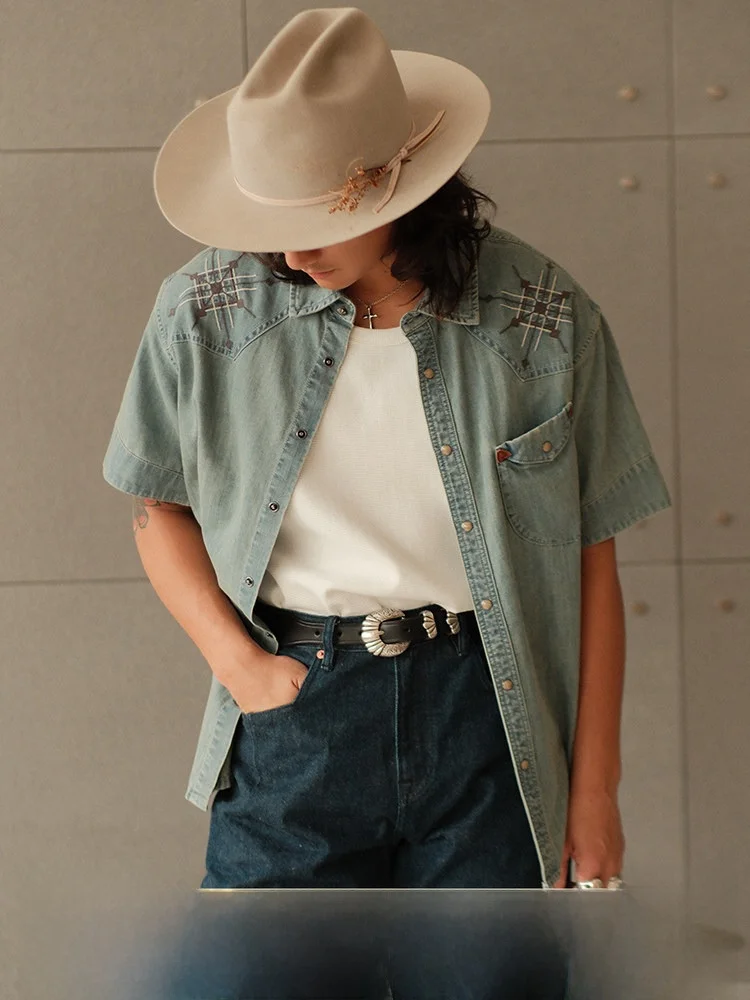 Washed Western Series 67OZ Custom Woven Fine Bamboo Short Shirt Narrow Width MBBCAR Loose Fit Cotton Denim Breathable Summer ...