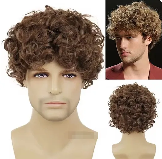 Peruca afro sintética masculina, peruca encaracolada fofa com franja, resistente ao calor, curta, natural, preta, cosplay, dia das bruxas