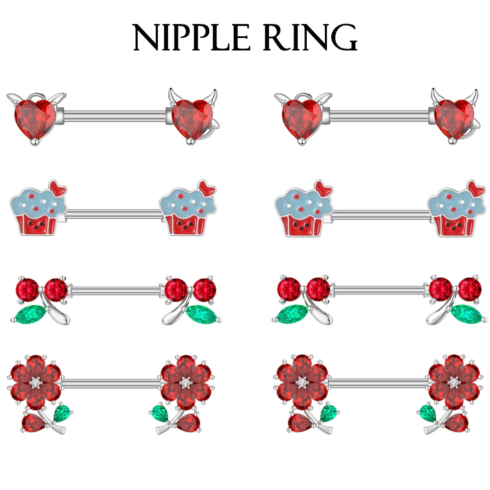 2PCS 14G Red Zircon Flower Cherry Sexy Nipple Piercing Shield Cover Barbell for Women Girls Heart Dangled Nipple Rings Jewelry