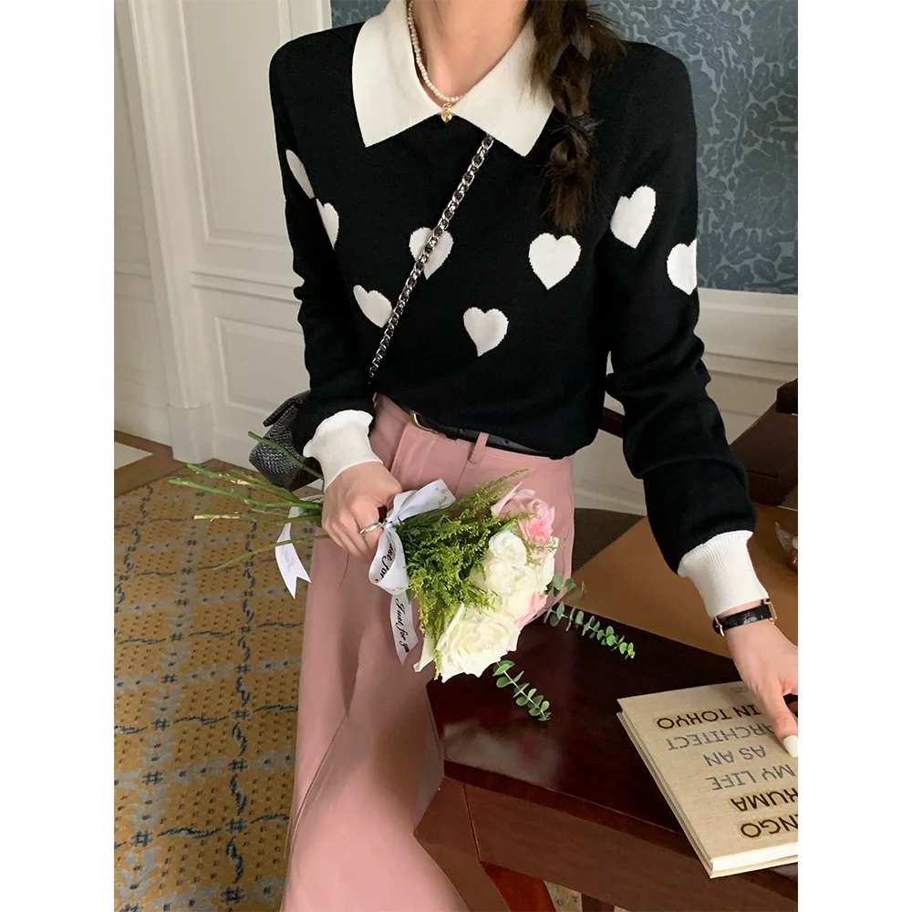 

Love Heart Turn-down Collar Sweater Women's Faion Commute Sle Long Sve Slim Fit Sweater Autumn Season Regular Thin