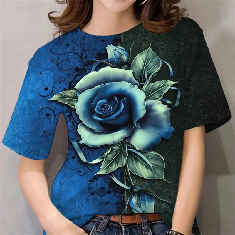 Novo design de luxo camiseta feminina senhoras 3d floral impressão harajuku y2k roupas femininas diário casual moda manga curta camisetas