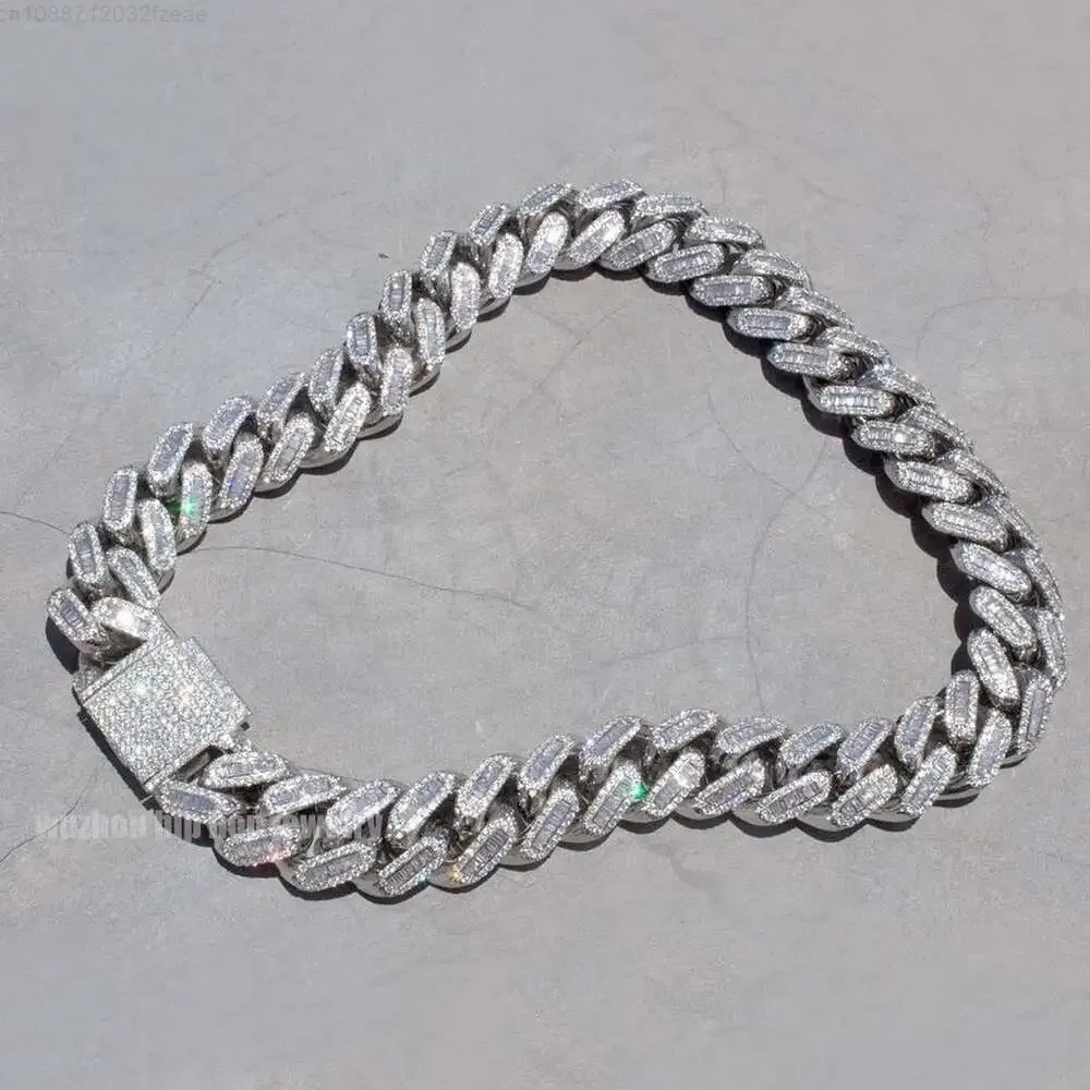 New Dual Cut Moissanite Cuban Link Chain 18mm S925 Silver Pass Tester d Color Baguette Round Diamond Moissanite Cuban Necklace