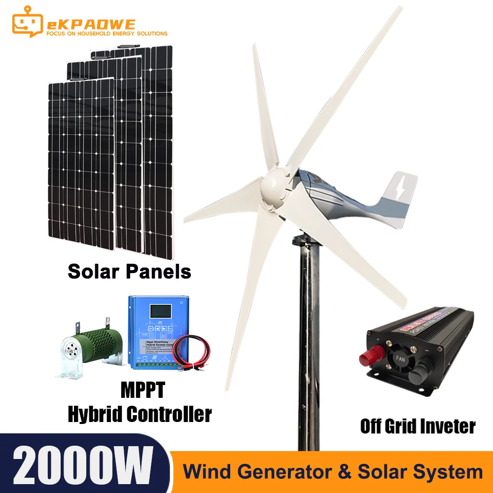 Low Noise 1000W 12V 24V Wind Turbine with MPPT Controller Solar Panels Inverter 12.8v100Ah LiFePo4 Battery Home Energy System