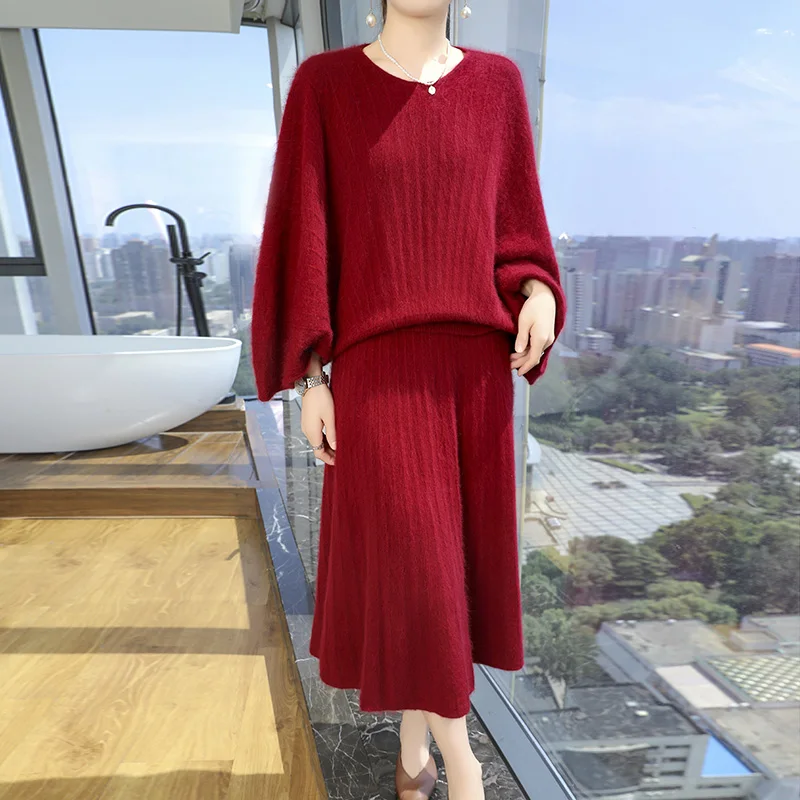 Autumn and winter new women's 100% mink cashmere sweater crewneck jumper fashion striped knit CHIC long dress set