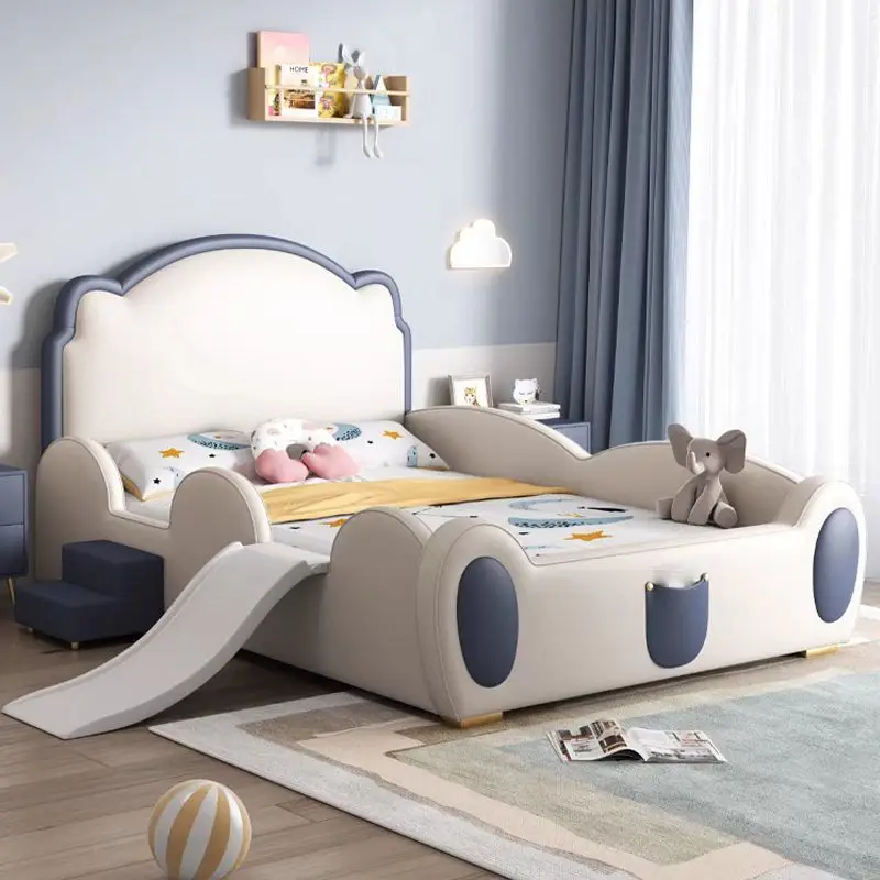 Cama para niños, estilo moderno y sencillo, cama de princesa de dibujos animados, cama con tobogán, cama con barandilla, cama de madera maciza ancha con almacenamiento