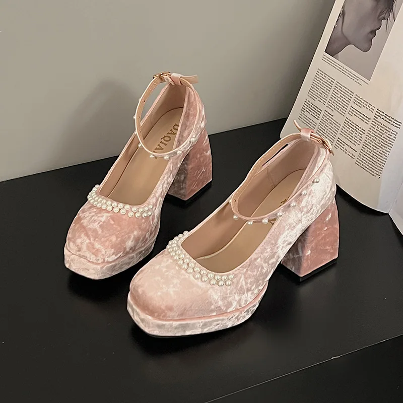 Luxury Vintage Women High Heels 2024 New Suede Pearl Thick Heel Mary Jane Shoes Square Toe Buckle Strap Womens Shoes Pink Pumps