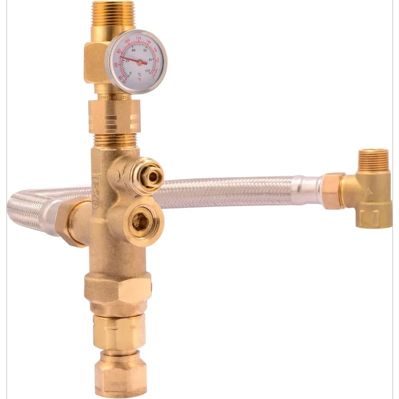 3/4 Inch Tank Booster Water Heater with Thermostatic Mixing Valve, Temperature Gauge, Braided Hose