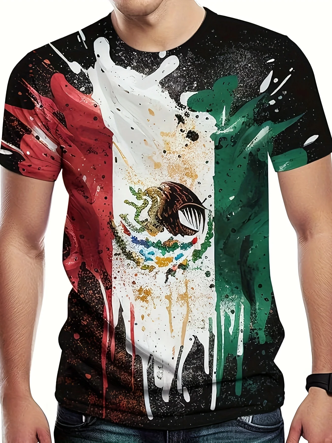 Mexican Eagle and Branch Pattern 3D Printed Round Neck Short Sleeve T-Shirt, Men\'s Summer Casual Outdoor Street Black Top