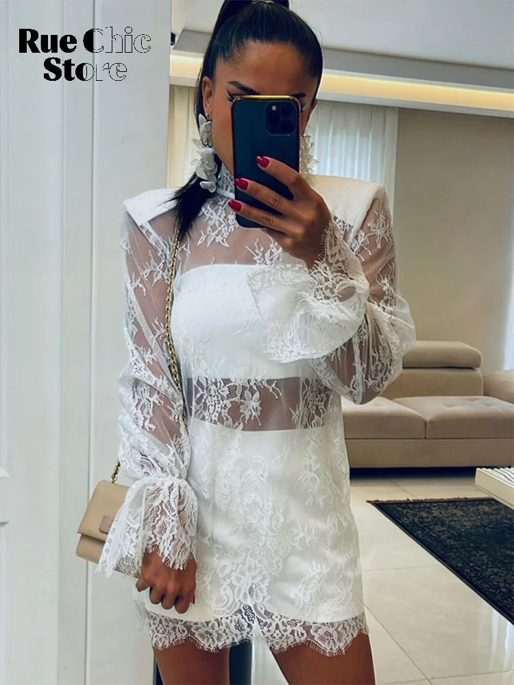 Chic Black Lace See Through Lady Fashion Top Half-high Collar Full Sleeve Cropped Blouse 2026 New Spring Women Party Street Tops image 6