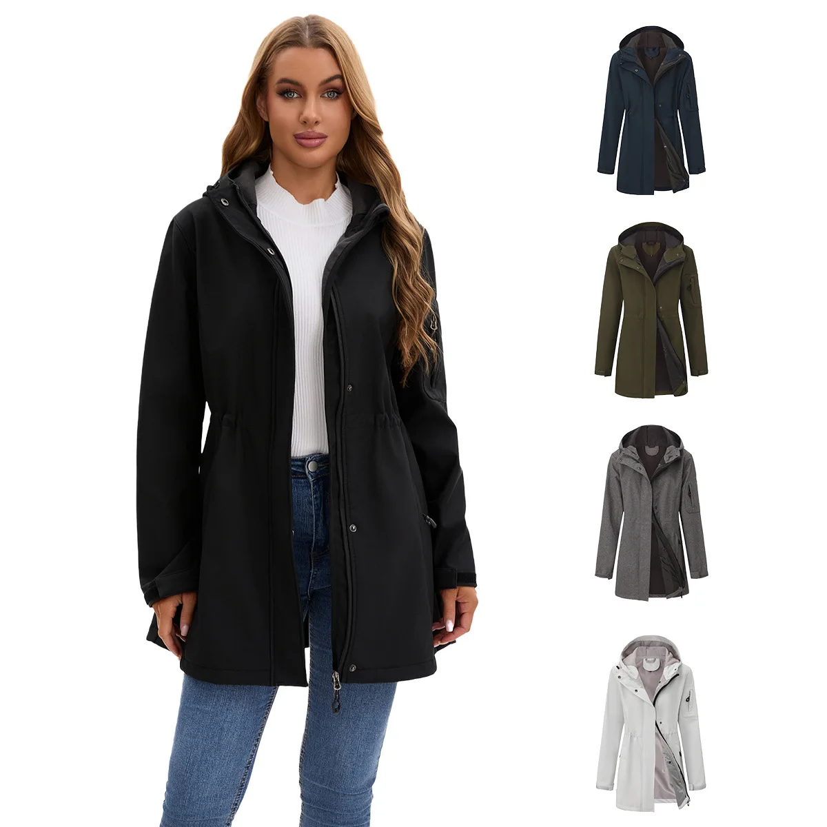 

Women's New Hooded Fleece Lined Loose Versatile Solid Color Long Sleeve Windproof Front Pocket Zipper Closure Jacket Outerwear