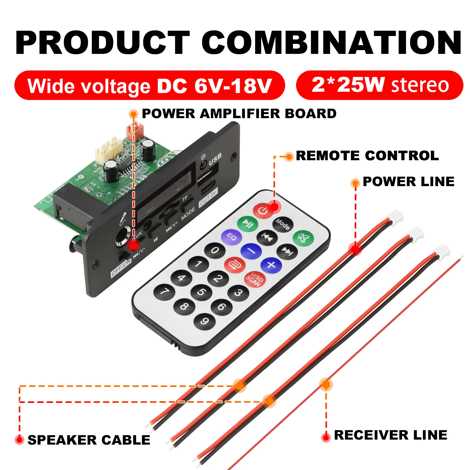 2*25W amplifier  MP3 Player Decoder Board 18V Bluetooth 5.0 50W amplifier Car FM Radio Module Support  TF USB AUX