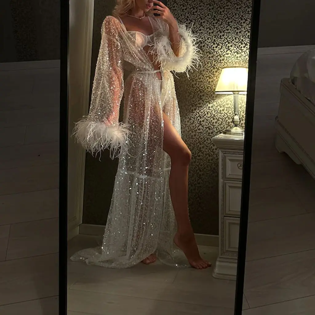 HEZIOWYUN Women's Summer Sheer Lace Nightgown Flare Long Sleeve Plush Cuff  See Through Sequins Nightdress  Maxi Robes with Belt