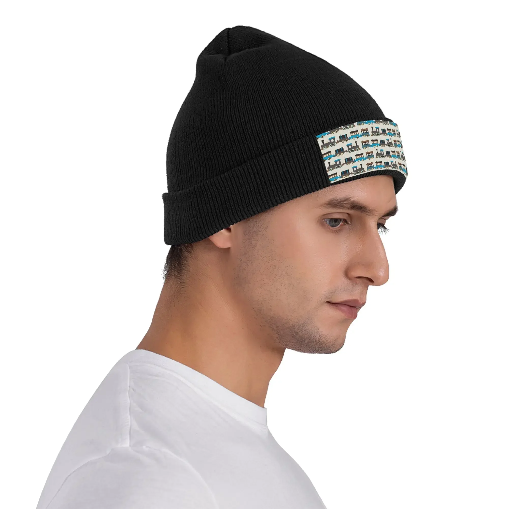 الأزرق والبني لعبة خشبية قطار دافئ محبوك قبعة الشتاء متماسكة بونيه قبعة Skullies Beanies الهيب هوب قبعات للجنسين #4
