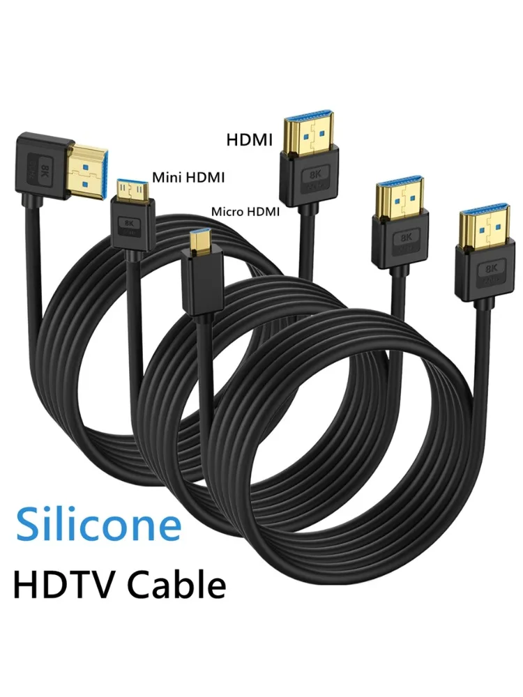 Silicone Ultra fin HDMI Mini Micro vers HDMI mâle haute définition 8K 5K câble Audio vidéo pour appareil photo tablette graphique TV PC portable