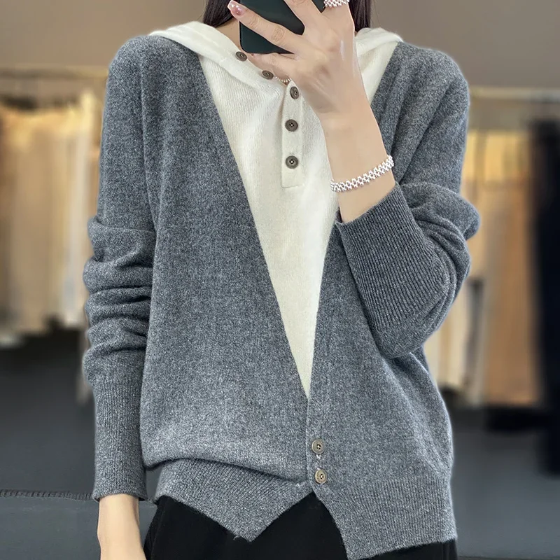 

Women's 100% Pure Wool Hoodie, Korean Knit Pullover, Cashmere Jumper, Fake Two Piece, Fashion, Autumn, Winter