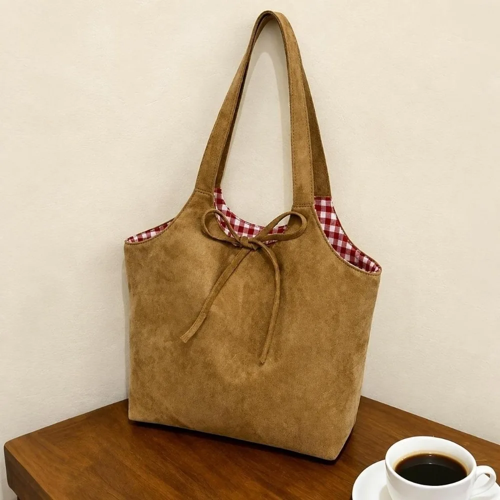 Large Capacity Korean Plaid Tote Bag Double-Sided Plaid Pattern Handbag Suede Material Single Shoulder Retro Tote Bag For Women