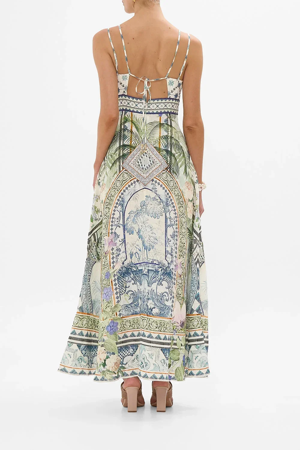 Damen-Kleid aus 100 % Seide, Retro-Blumendruck, Sling-Kleid, hohe Taille, ärmellos, Urlaub, lässig, Maxikleid