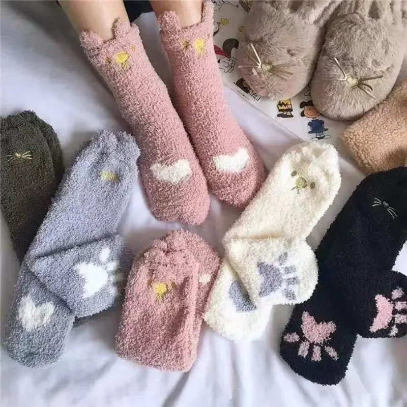 Women Warm Sleeping Socks Cute Bear Cat Ear with Paw Print Winter Coral Fleece 2026 New Mid-calf Homewear Thicken Floor Socks