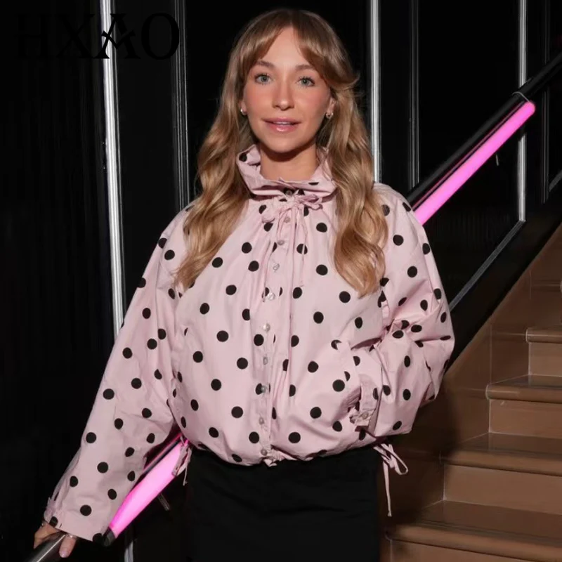 HXAO Damen-Bomberjacke mit Polka Dots, Frühlings-Crop-Jacke, Oversize-Langarm-Oberteil, Übergröße, Knopfleiste, Schnürung, Oberbekleidung, Fliegerjacke