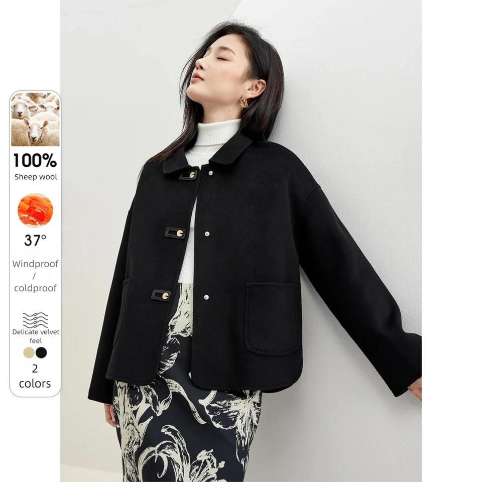 SENTUBILA 100% Wool Winter Coat Women 2026 Elegant Loose Double