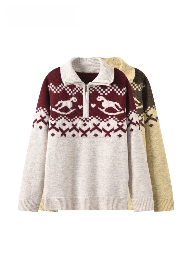 

Повседневный модный свитер с длинными рукавами для женщин больших размеров, осенне-зимний, новый, удобный, универсальный, трендовый топ с отложным воротником