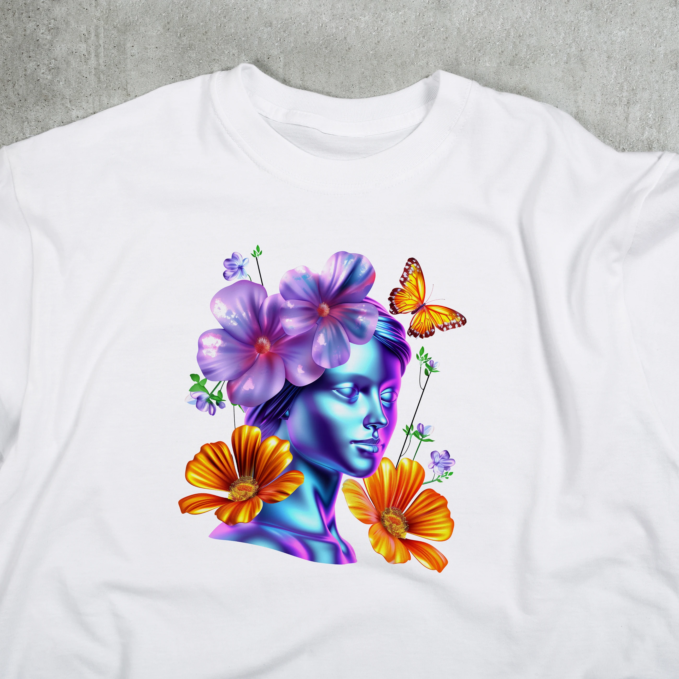 100% Cotton White T-Shirts 3d holographic woman and flowers ilustration Artistic flavor Printed T-shirt