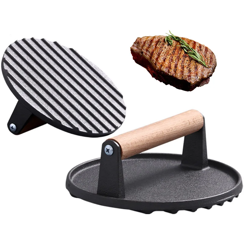 NUBECOM 1PC Cast Iron Steak Plate Hamburger Meat Press Tool Wooden Handle Round Steak Pressing Plate Teppanyaki Kitchen BBQ Tool