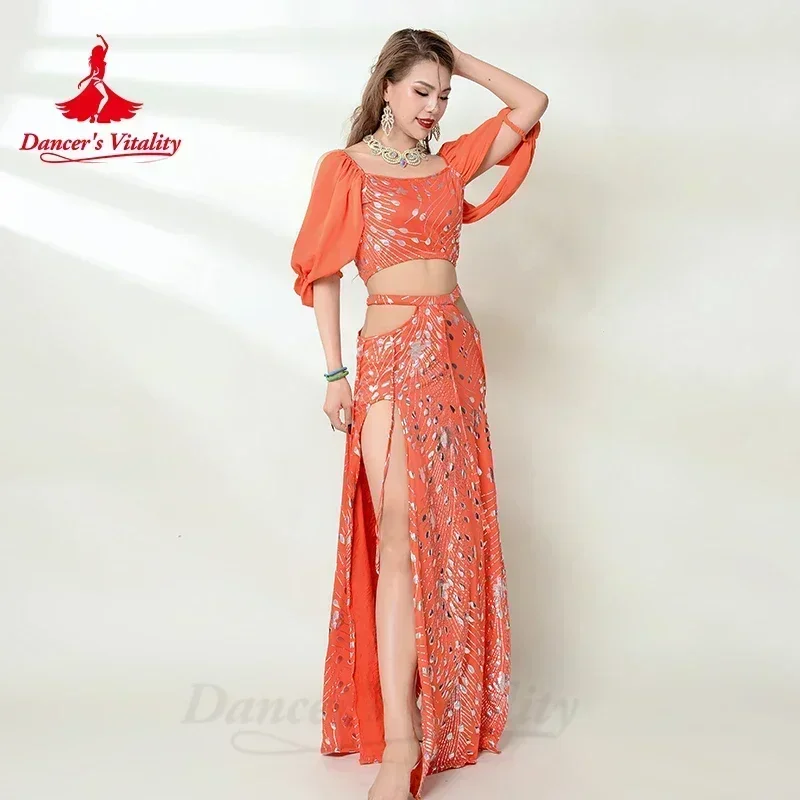 Belly Dancer Costume for Women Half Sleeves Top+printing Long Skirt 2pcs Adult Oriental Belly Dancing Performance Clothing