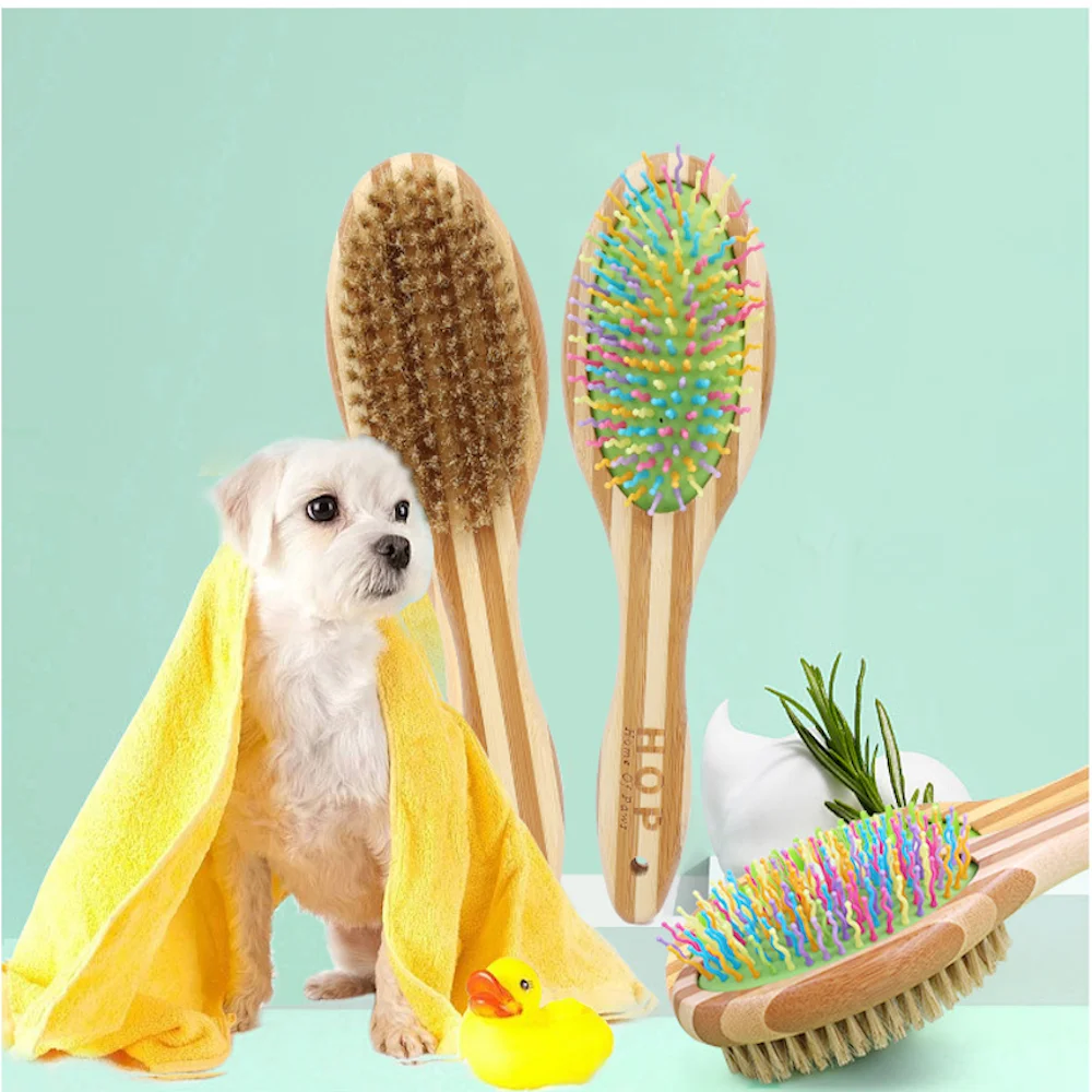 Pet Grooming Tool Bamboo Dog Brush Double-sided Multifunction Pet Grooming Massage Comb Durable Soft Dogs Comb Dogs Hair