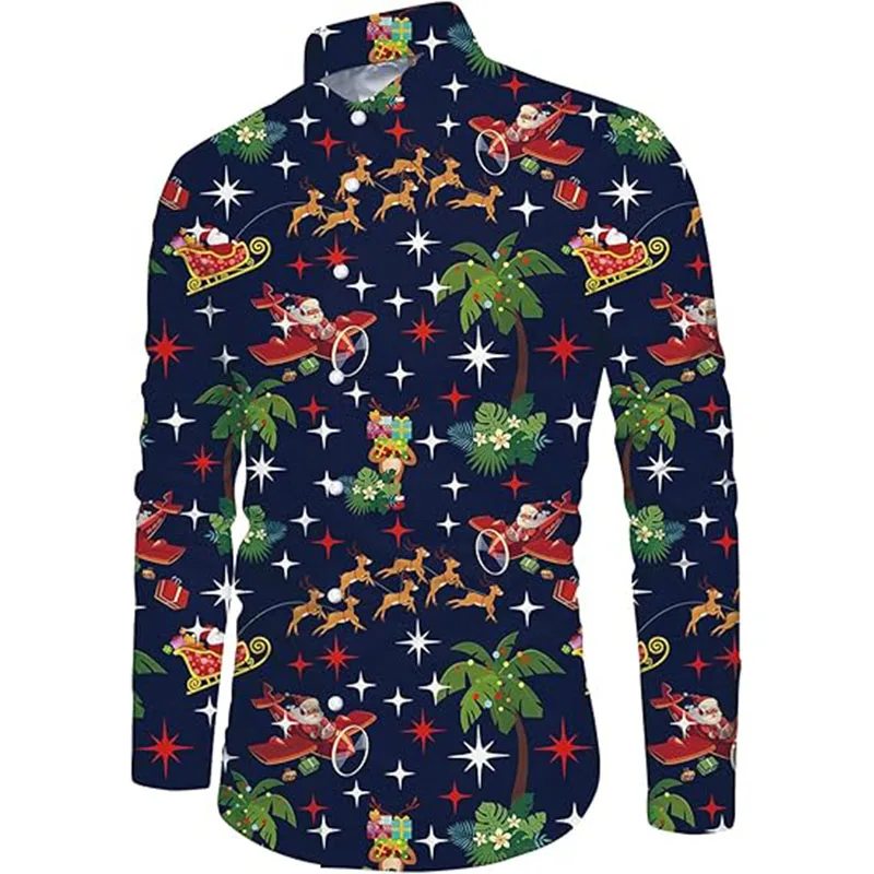 Mens Slim Fit Christmas Button Down Shirts 3D Print Novelty Festival Oversized Long Sleeve Xmas Shirts For Men Hawaii Blouse